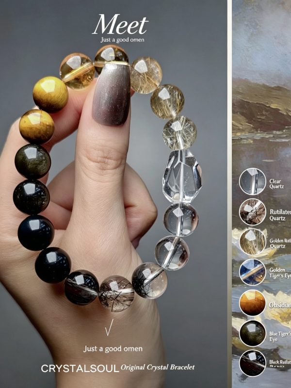 Meet Series "Just a Good Omen" crystal bracelet with clear quartz, golden rutilated quartz, tiger's eye and obsidian beads